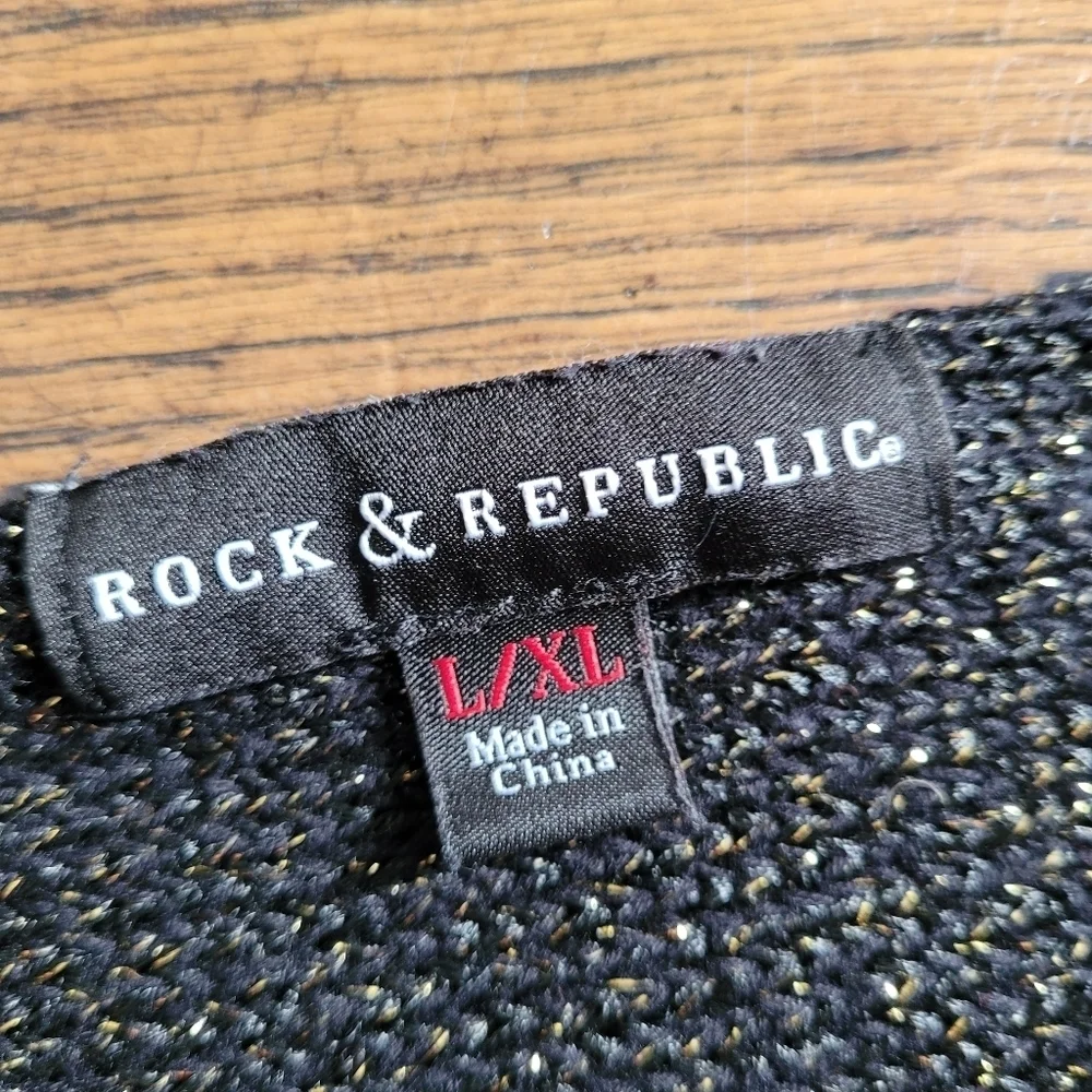 Rock & Republic Black Metallic Distressed Knit Cut out Sweater Size Womens L/XL